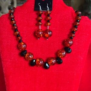 Handcrafted Amber & Onyx Gemstone Necklace & Earring set.